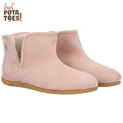 Botas tipo pantufas cor-de-rosa clara com sola castanha e interior forrado de pêlo