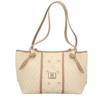 Mala de mão bege com alças castanhas e detalhes estampados centro