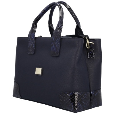 Mala de senhora preta com detalhes em padrão pele de cobra azul escuro