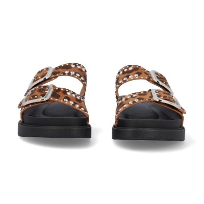 Sandálias birken animal print com tachas e fivelas prateadas