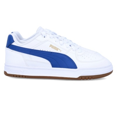 Sapatilha branca com listra azul e sola castanha da marca Puma