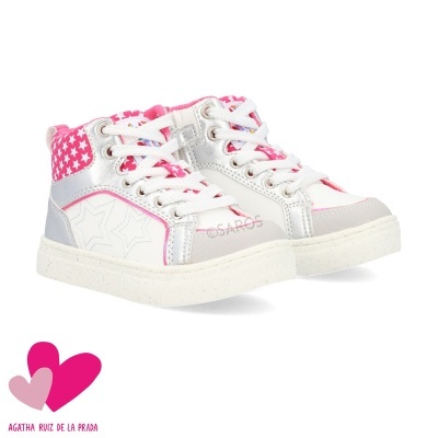 Sapatilhas altas brancas e rosa com estrelas e detalhes prateados Agatha Ruiz de la Prada