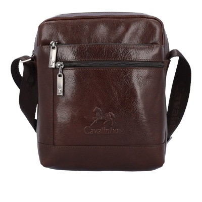 Mala de tiracolo castanha em couro com acabamento brilhante e logótipo Cavalinho