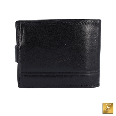 Carteira masculina preta em pele lisa com costuras e fecho lateral