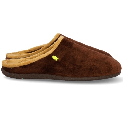 Chinelos castanhos com interior bege e logótipo amarelo