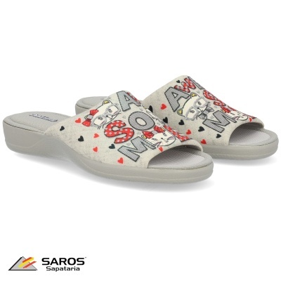 Chinelos abertos cinzentos com estampa e texto colorido