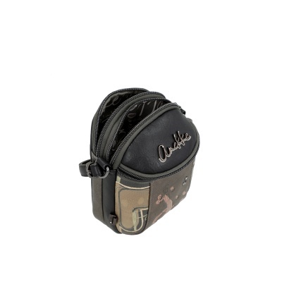 Mini mochila castanha e preta com zíperes e detalhe metálico Anekke