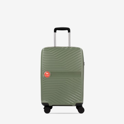 Mala de viagem rígida verde com padrão geométrico e logo Cavalinho