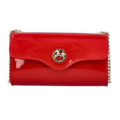 Carteira vermelha em verniz com fecho e alça dourada