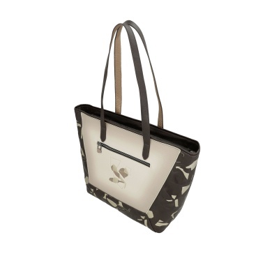 Mala de senhora em pele sintética creme e castanha com padrão decorativo