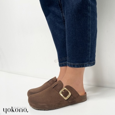 Sapatos camurça castanha com fivela dourada