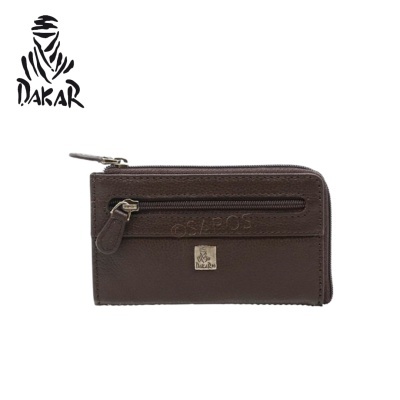 Carteira castanha em pele com dois fechos zip e logo Dakar