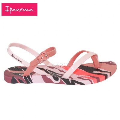 Sandália Ipanema rosa com tiras cruzadas e padrão colorido na sola