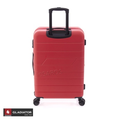 Mala de viagem rígida vermelha com pega telescópica preta e rodas giratórias