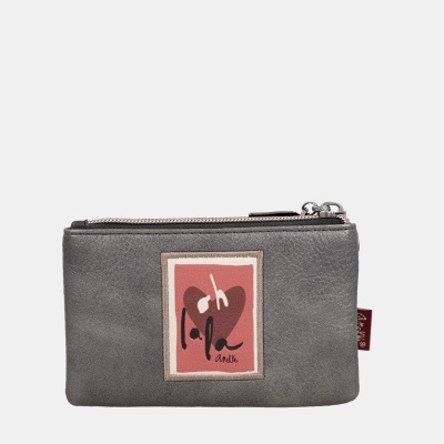Carteira cinza pequena com fecho de correr e estampado frontal