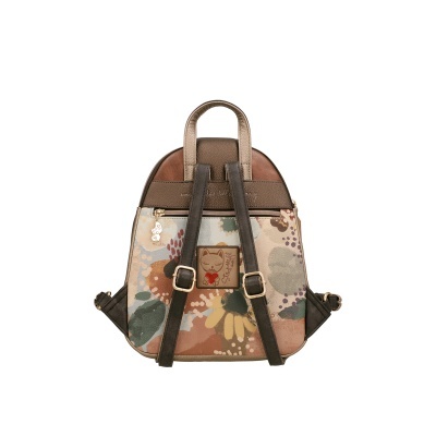 Mochila floral pastel com alças castanhas e etiqueta de gato Anekke