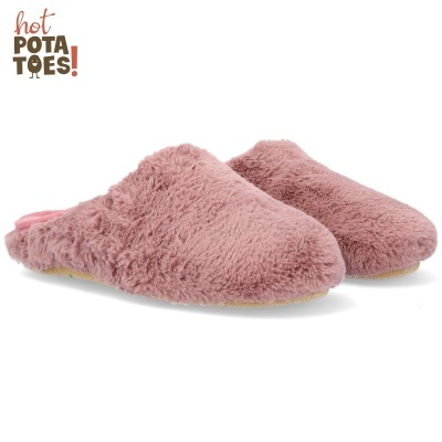 Chinelos de casa rosa felpudos com sola amarela clara