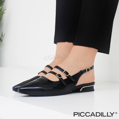 Sapatos femininos pretos em verniz com tiras finas e salto baixo