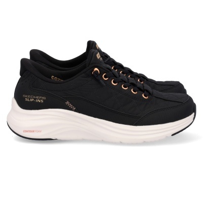 Ténis pretos Skechers Slip-Ins com sola branca e detalhes em cobre