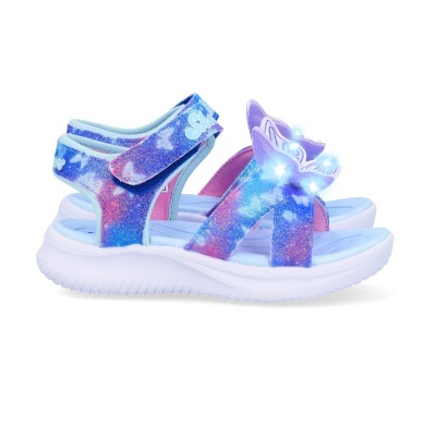 Sandálias infantis azuis e roxas com brilho e borboleta luminosa