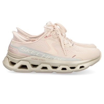 Ténis cor creme da marca Skechers com sola robusta e design em malha