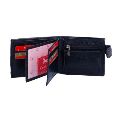 Carteira em pele preta com costura vermelha e compartimentos para cartões