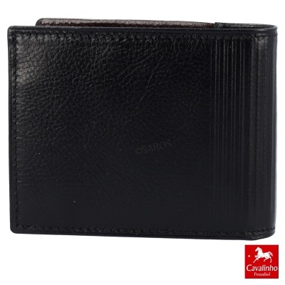 Carteira preta de couro para homem com diferentes texturas e logo Cavalinho Penafiel