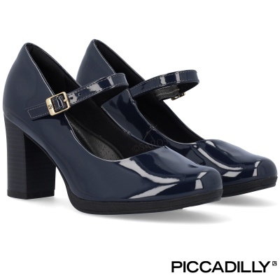 Sapatos de salto alto em verniz azul escuro com tira e fivela dourada