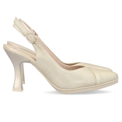 Sapato de salto alto bege com textura e tira traseira ajustável