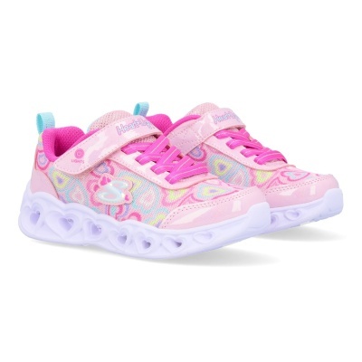 Ténis infantis rosa com padrão colorido e sola branca com corações