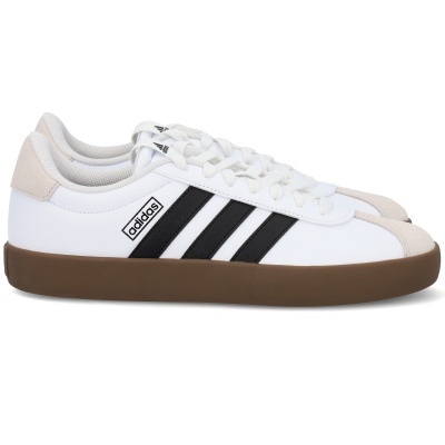 Ténis Adidas brancos com riscas pretas e sola castanha