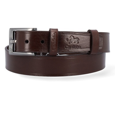 Cinto de pele castanha com fivela metálica e detalhes gravados