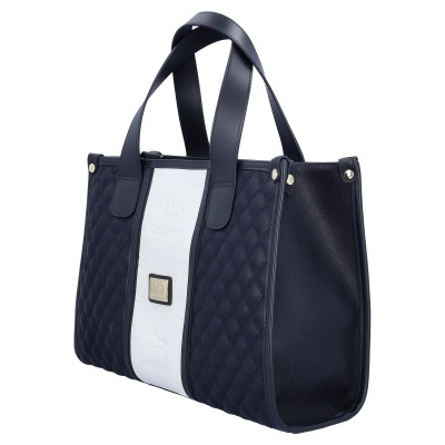 Mala de mão azul escuro e branca com padrão acolchoado e logótipo Carabin