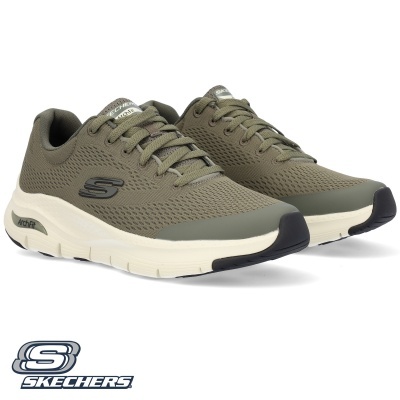Ténis Skechers verde oliva com sola branca e detalhes em preto