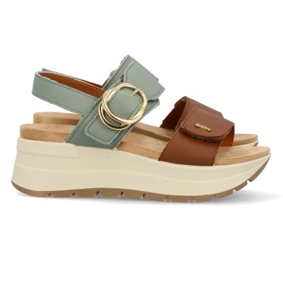 Sandálias de cunha de couro verde seco e castanho com sola branca