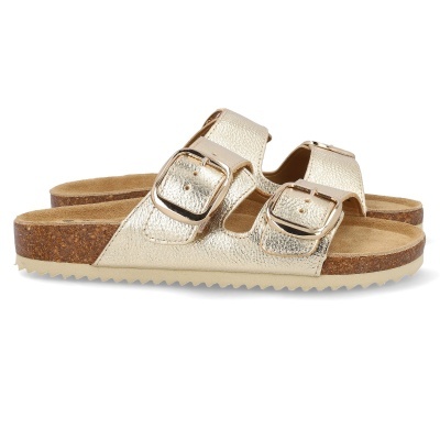 Sandálias douradas tipo Birkenstock com duas fivelas e sola de cortiça