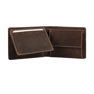 Carteira de pele castanha envelhecida com compartimento para moedas e porta-cartões integrado
