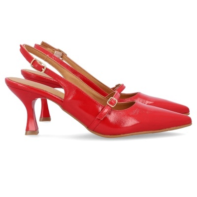 Sapatos de salto alto vermelho brilhante com fivela