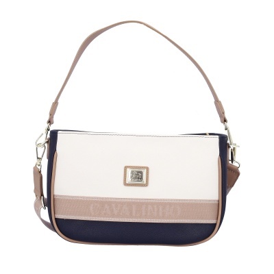 Mala de ombro bege, azul escuro e castanho com alça e detalhe metálico