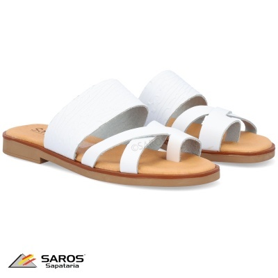 Chinelos femininos brancos com tiras em pele sintética e sola castanha