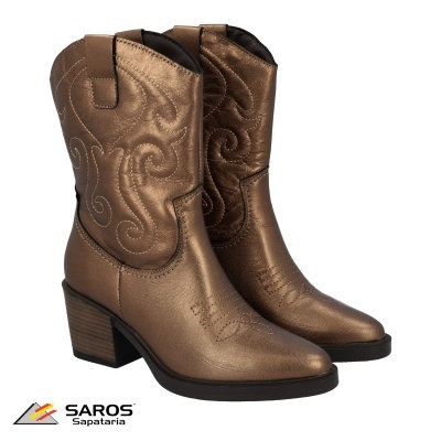 Botas de cano médio bronze metálico com costura decorativa e salto quadrado
