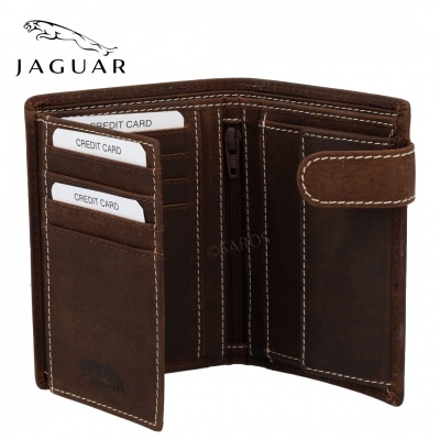 Carteira masculina de couro castanho com múltiplos compartimentos e fecho de pressão