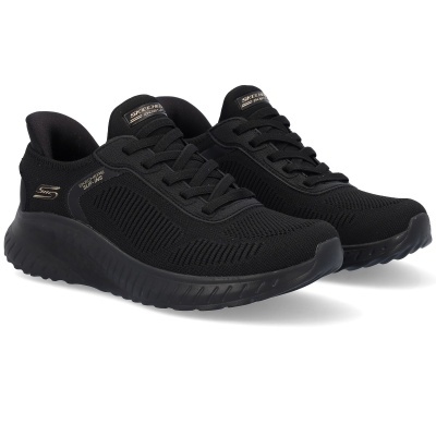 Sapatilhas desportivas pretas Skechers com atacadores e logotipos dourados