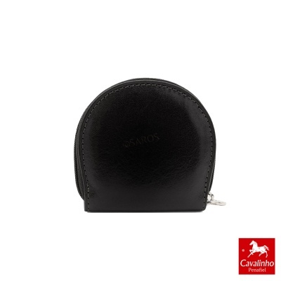 Bolsa pequena preta em pele com fecho prateado e logótipo Cavalinho