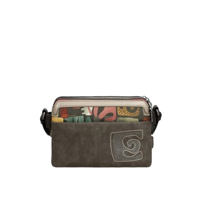 Mala de mão pequena castanha e bege com padrão colorido abstrato e fecho de correr