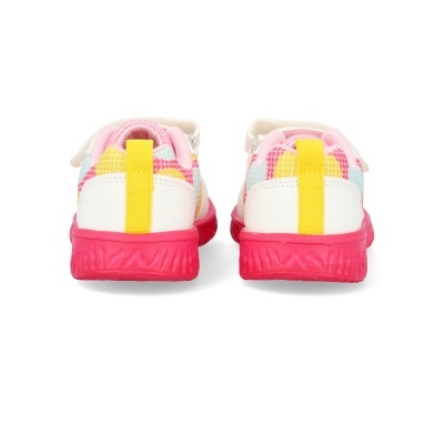 Par de sapatilhas infantis rosa, branco e amarelo vista por trás
