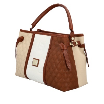 Mala de mão castanho e bege com couro, tecido matelassé e logo Cavalinho