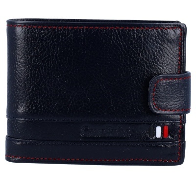 Carteira masculina de couro preto com costura vermelha e fecho