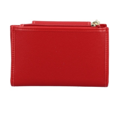 Carteira vermelha com fecho de correr dourado sobre fundo branco