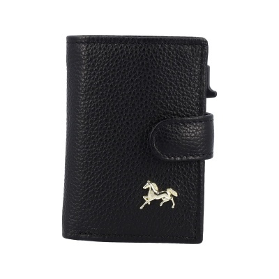 Carteira preta de pele com aplique dourado cavalo